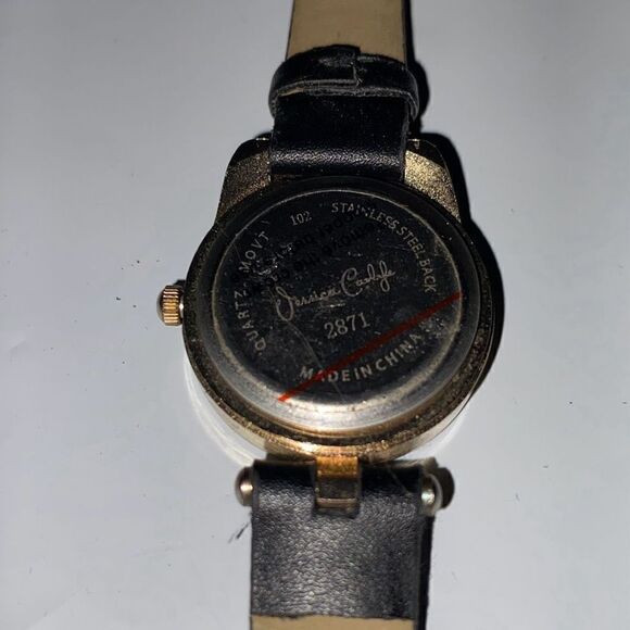 Jessica Carlyle Women's Gold Tone Black Band Cat Rhinestone Bezel Quartz Watch - Picture 12 of 12